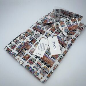 Eton Dress Shirt Men 17- 43 Colorful Trucks Print Formal Slim Collared Button Up